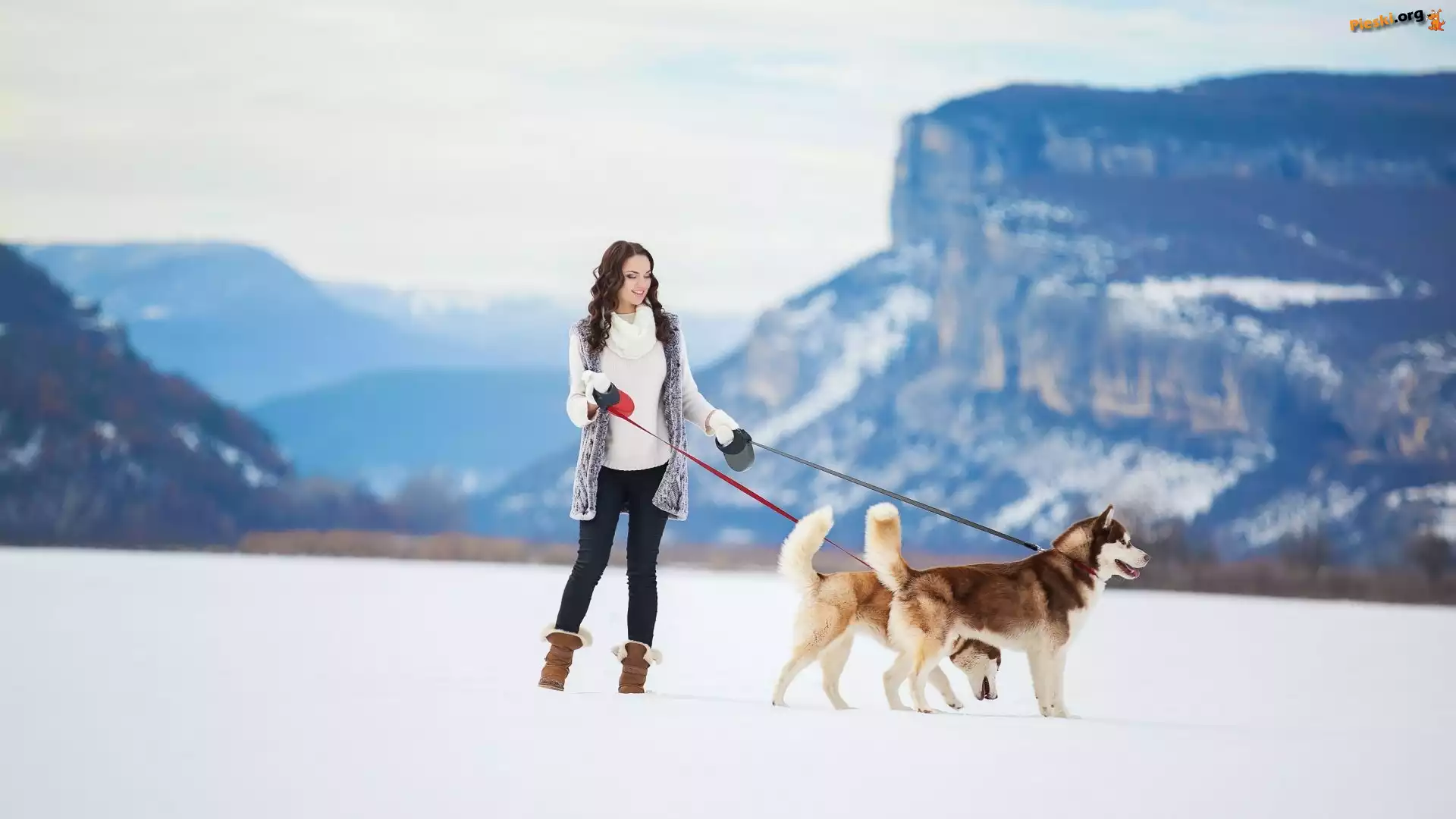 Dziewczyna, Góry, Siberian husky, Dwa, Psy, Zima