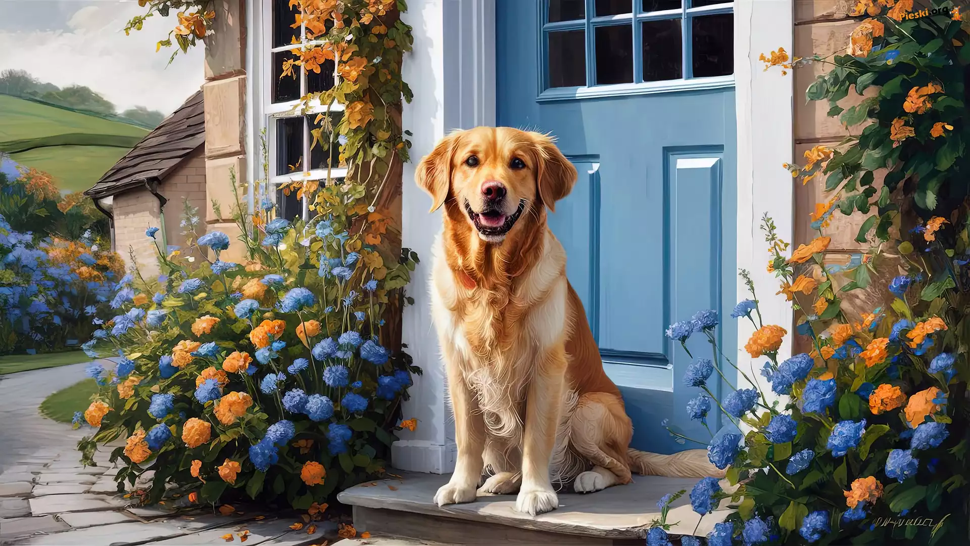 Dom, Golden retriever, Kwiaty, Pies, Niebieski, Drzwi