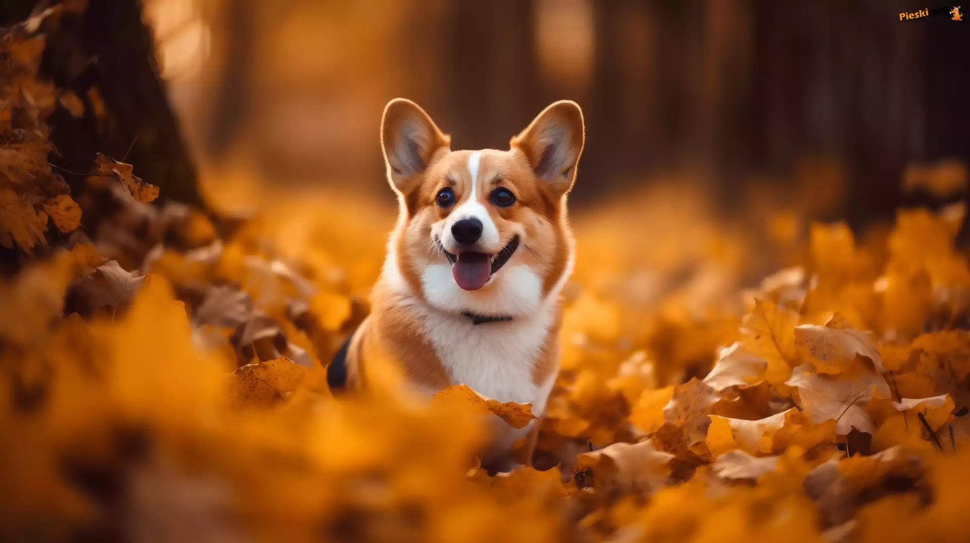 Liście, Grafika, Pies, Jesień, Welsh corgi pembroke